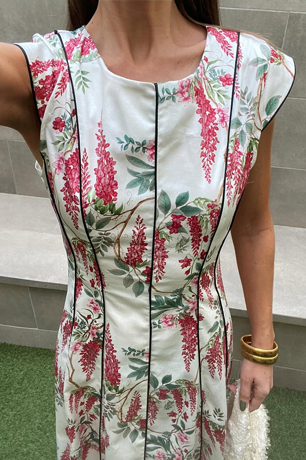 Kaydien Linen Blend Floral Print Contrast Princess Line Short Sleeve Maxi Dress-consonak