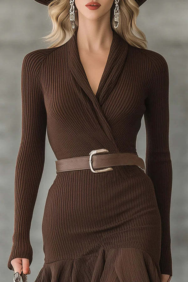 Solid Color V-neck Long-sleeved Patchwork Full Hem Slim-fit Midi Dress