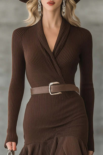 Solid Color V-neck Long-sleeved Patchwork Full Hem Slim-fit Midi Dress