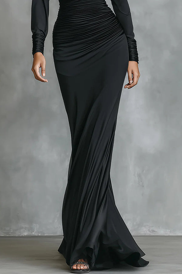 Solid Color One-shoulder Long-sleeved Slim-fit Pleated Maxi Dress-consonak