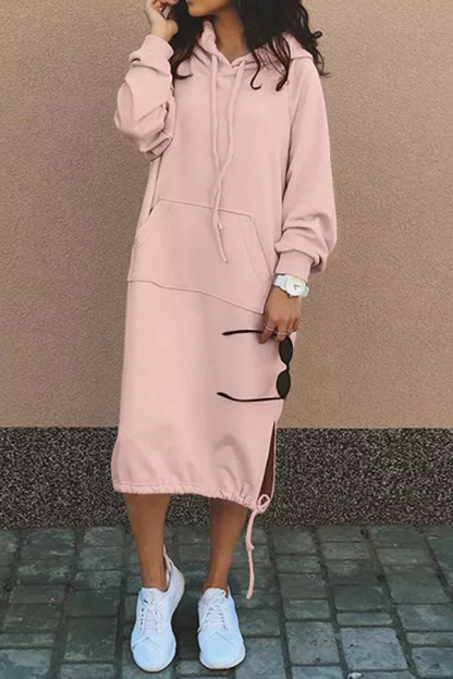 Solid Color Casual Hooded Lace-up Pocket Sweatshirt Style Midi Dress-consonak