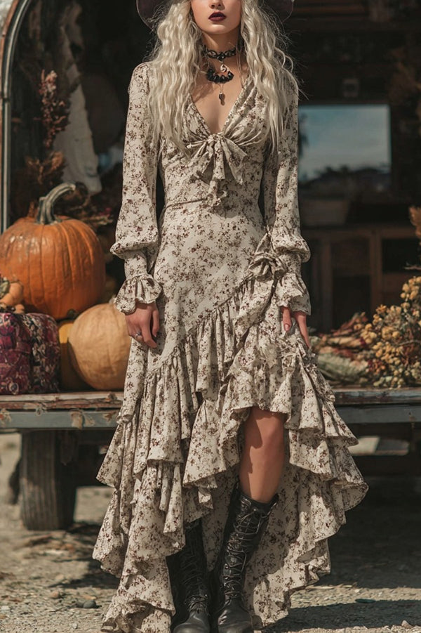 Floral Print V-neck Long-sleeved Irregular Ruffle Maxi Dress-consonak