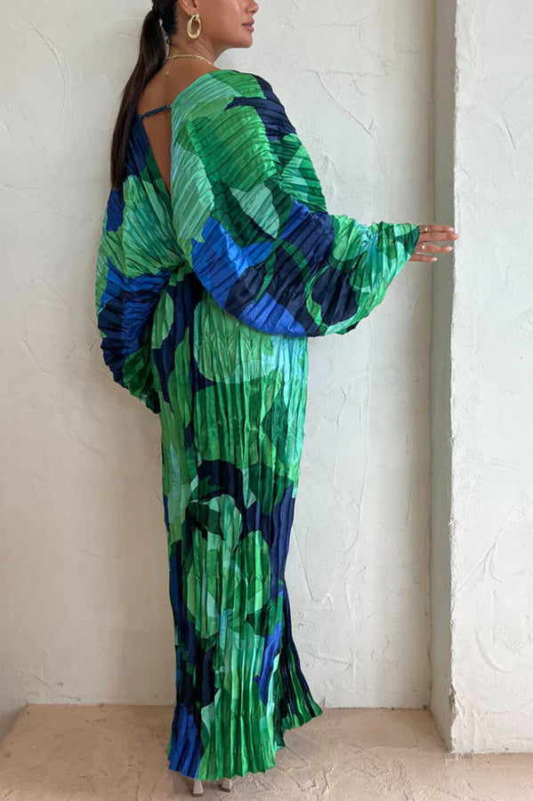 Tropical Oasis Capri Print Kimono Sleeve Pleated Cocoon Maxi Dress-consonak