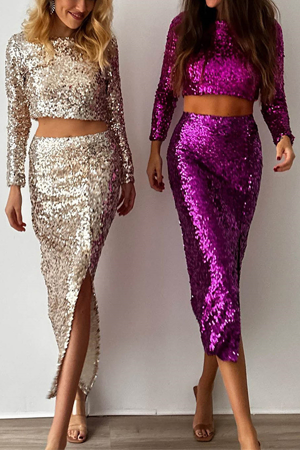 Solid Sequined Long-sleeved Crop Top and Sexy Slit Midi Skirt Set-consonak