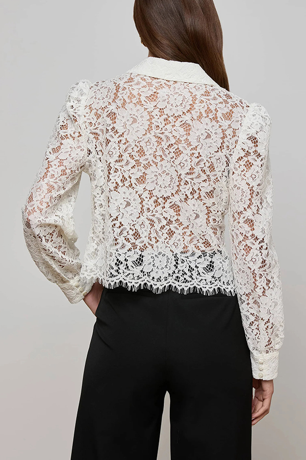 Paris Trends Floral Lace Puff Shoulder  Button Long Sleeve Blouse-consonak