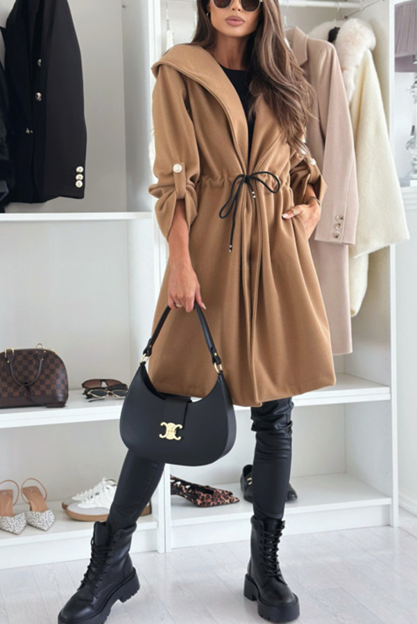 Effortless and Warm Textured Fabric Drawstring Waist Pocket Hooded Midi Coat-consonak