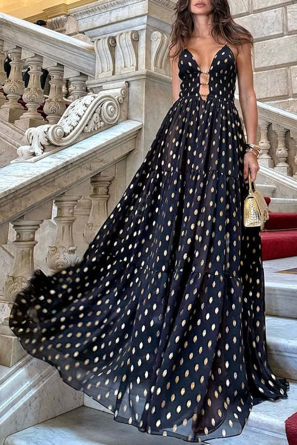 Party Charm polka dot black design chiffon gold polka dot print hollow out lightweight long skirt-consonak