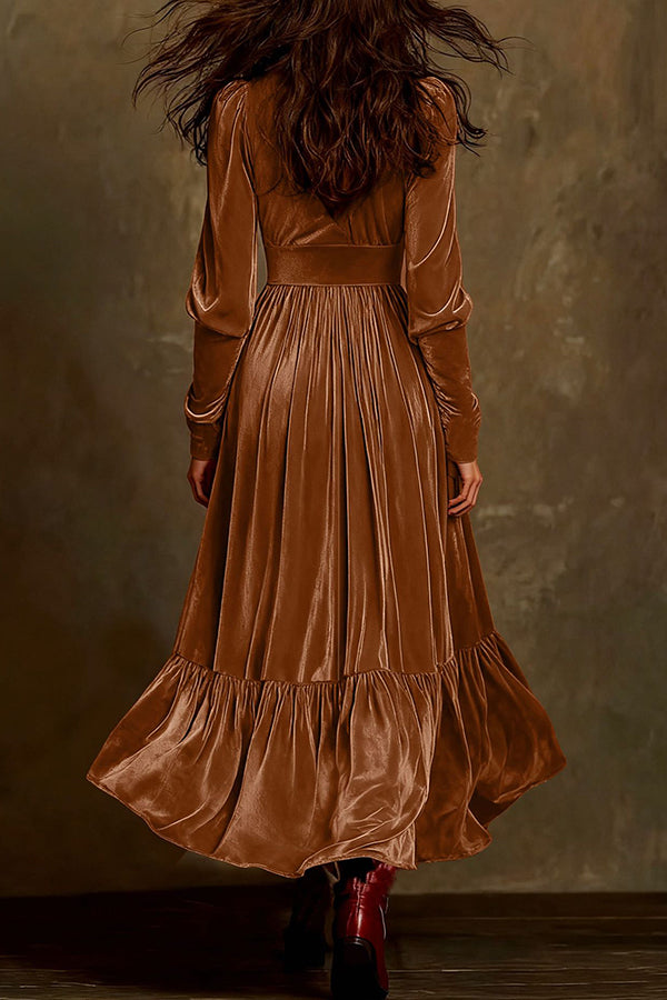 Fashionable Velvet V-neck Long-sleeved High-waisted Maxi Dress-consonak