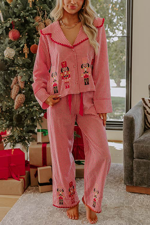 Nutcracker Charm Embroidered Gingham Loose Shirt and Elastic Waist Pajama Set-consonak