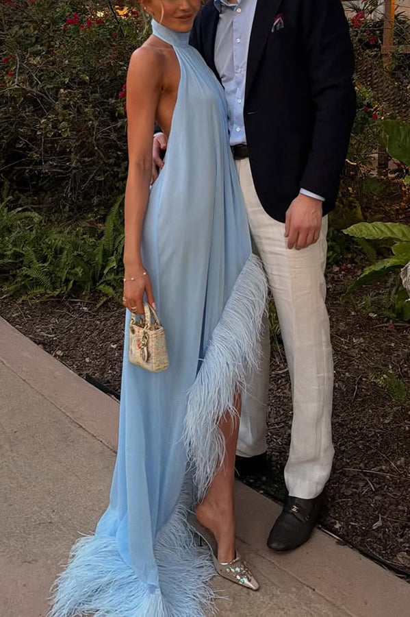 Janice Chiffon Feather Trim Asymmetric Hem Halterneck Gown Maxi Dress