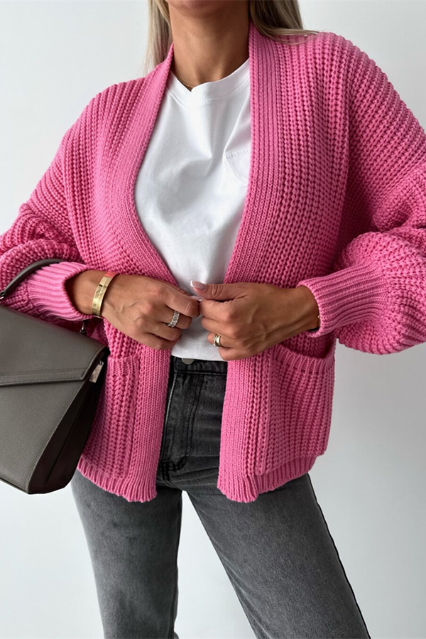 Solid Color V-neck Long-sleeved Casual Knitted Cardigan-consonak