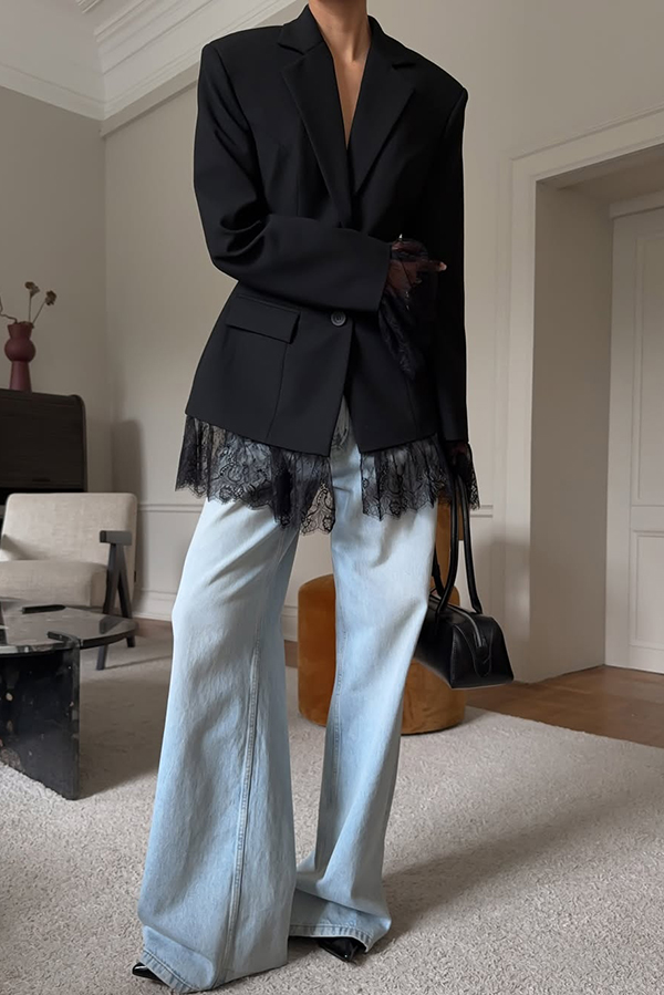 Solid Color Lace Panel Long Sleeve Button Elegant Blazer-consonak