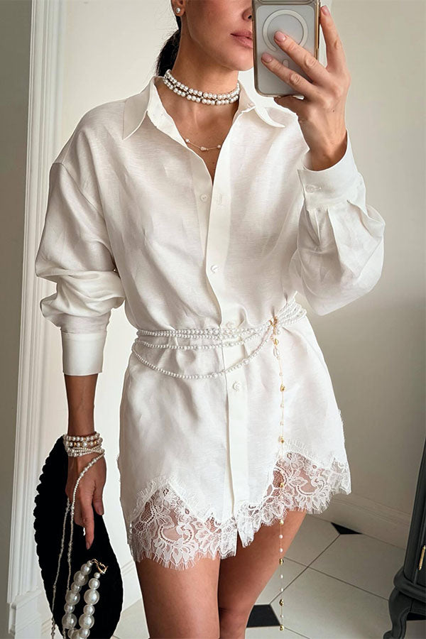 Linen Blend Shirt and Lace-trimmed Shorts Set-Consonak