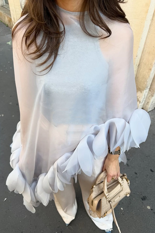 Cleo Sheer Hand-crafted Floral Petal Trim Back Tie-up Loose Cape