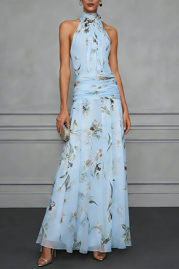 Aria Ruched Halter Floral Dress-Consonak