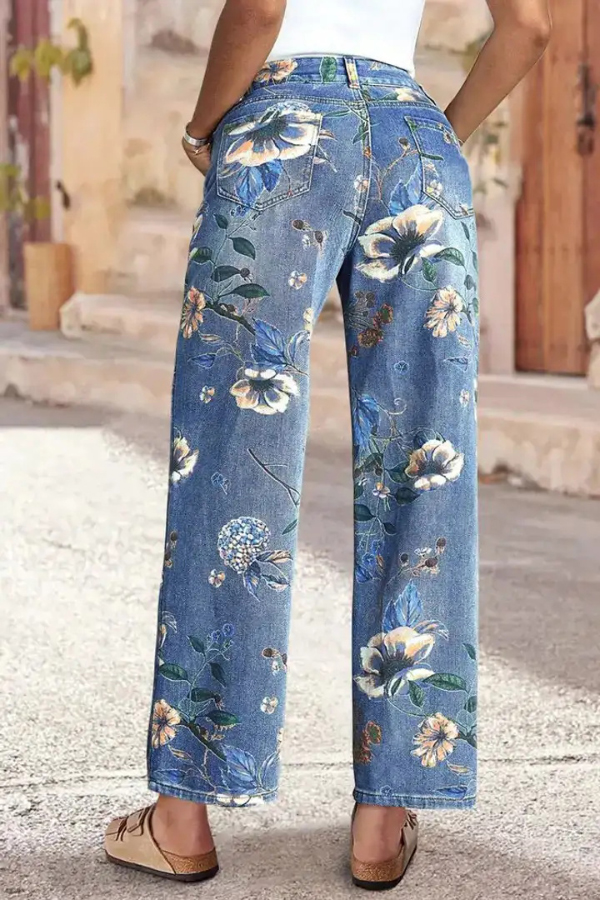 Floral Print Loose Pocket High-waisted Wide-leg Jeans