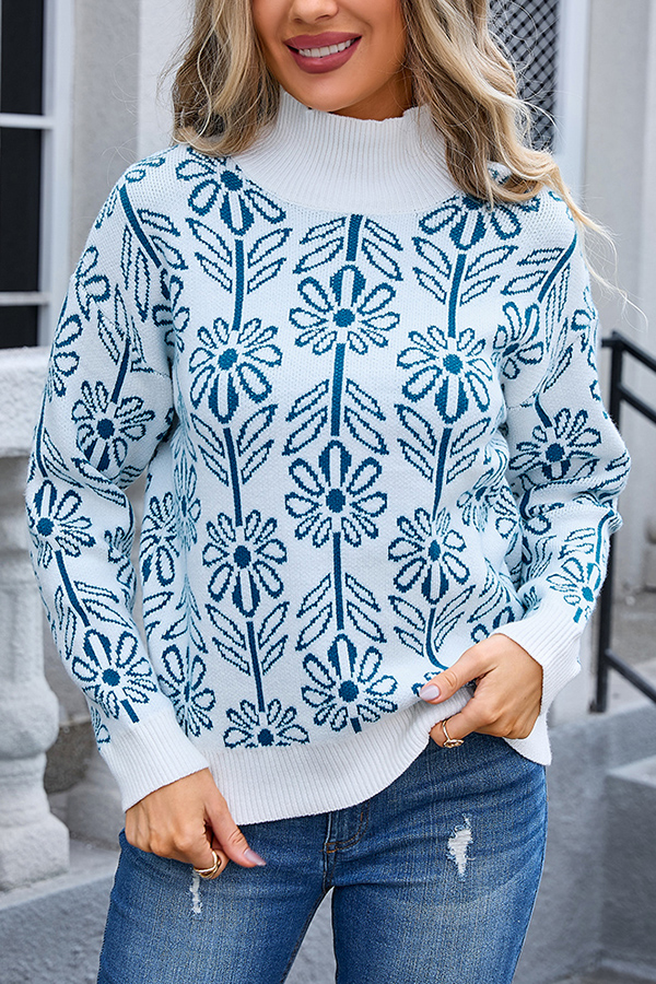 Fashionable Floral Knitted Turtleneck Loose Sweater-consonak