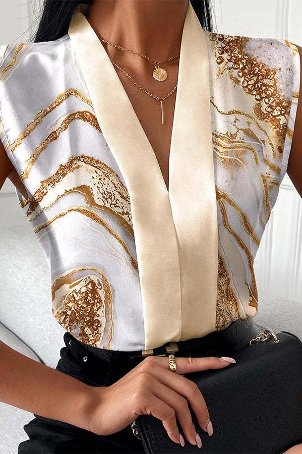 Marble / Abstract Print V-Neck Casual Top-consonak