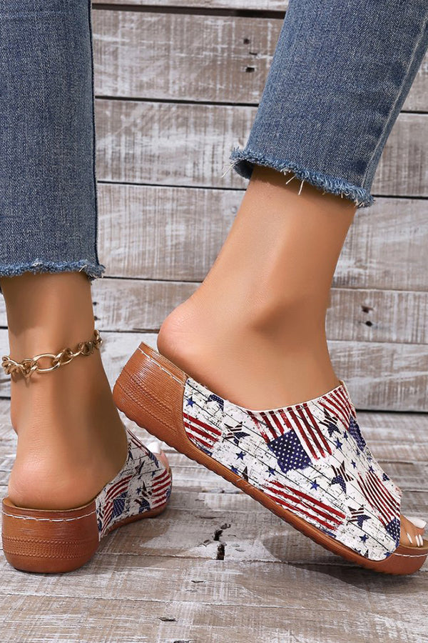 Independence Day Stars and Stripes Wedge Heel Peep Toe Slides-consonak