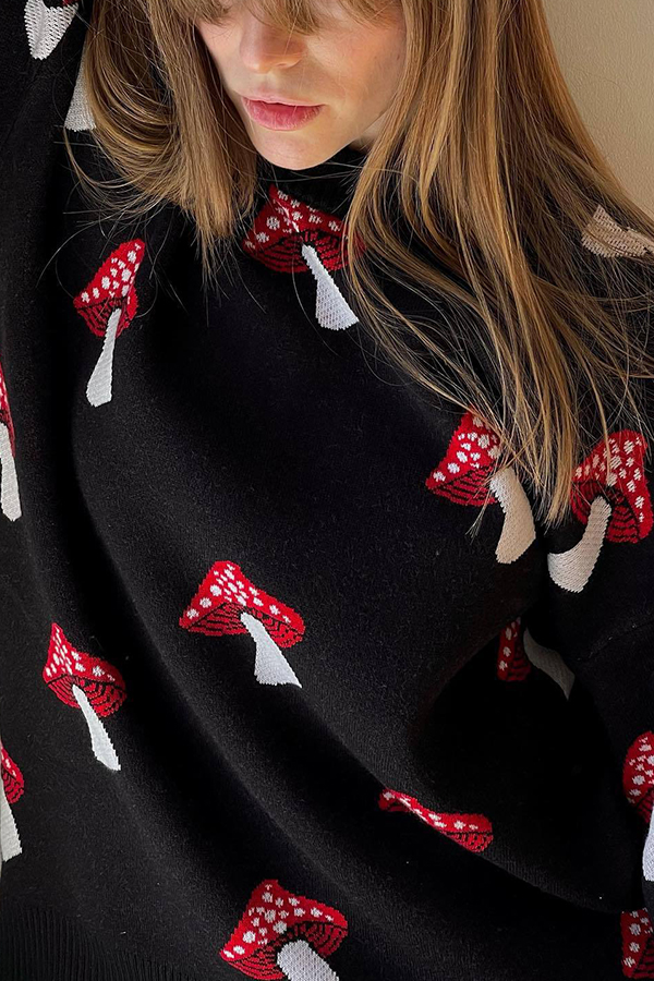Mushroom Pattern Casual Loose Round Neck Knitted Sweater-consonak