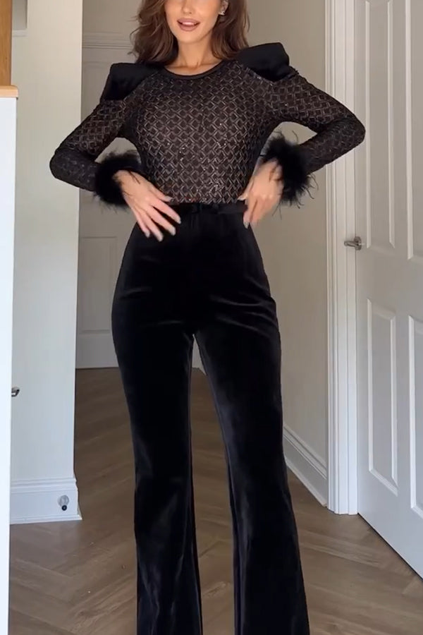 Monique Fish Scale Lace Sequin Velvet Patchwork Feather Trim Belted Stretch Flare Jumpsuit-Consonak