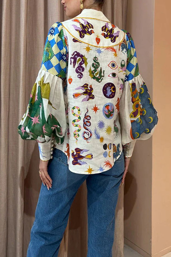 Love Frees Me Linen Blend Unique Print Balloon Sleeve Button Shirt-consonak