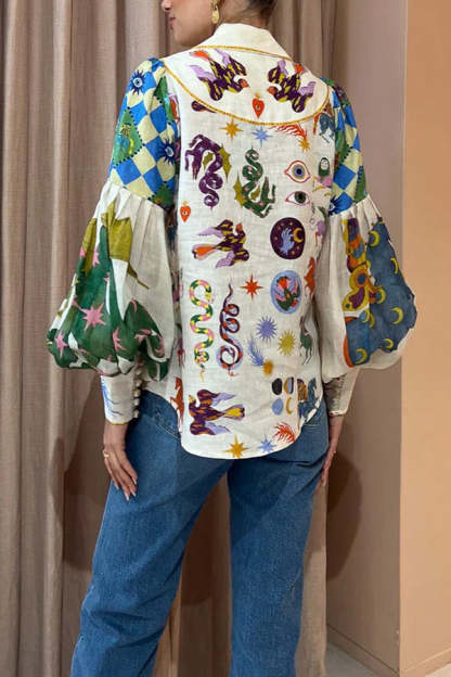 Love Frees Me Linen Blend Unique Print Balloon Sleeve Button Shirt-consonak