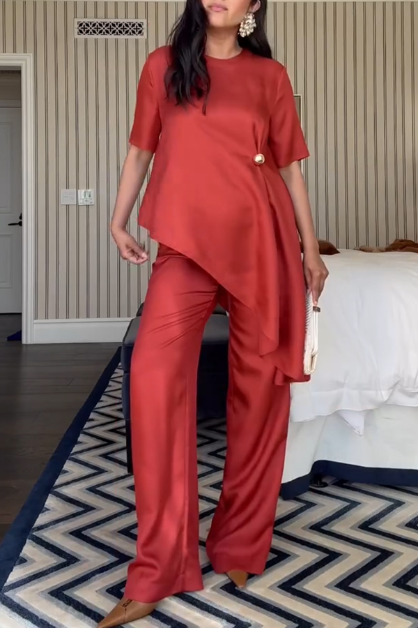 Janice Satin Metal Button-detail Asymmetric Top and Elastic Waist Loose Pants Set