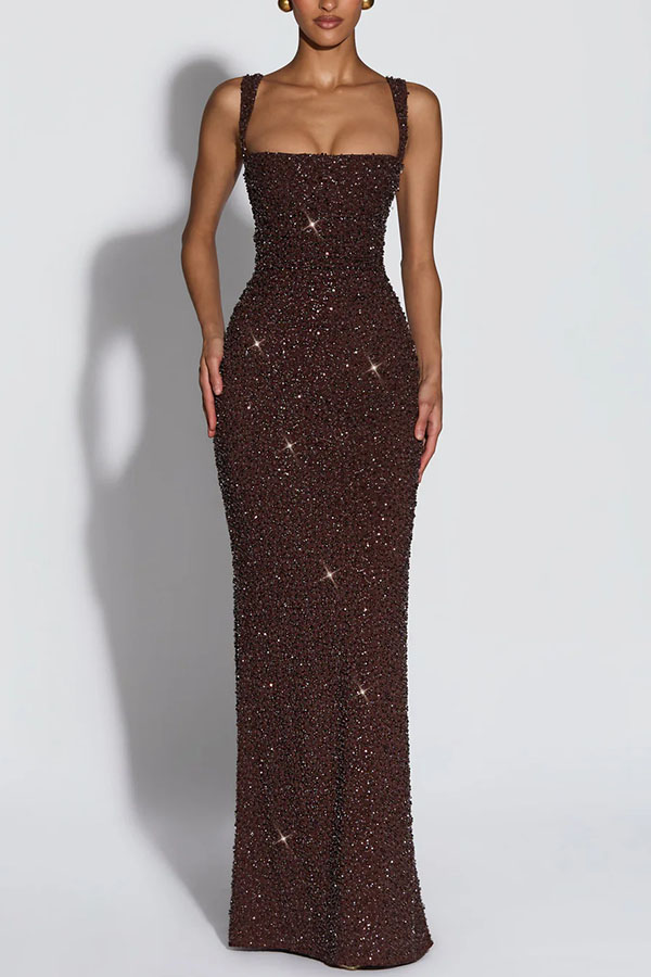 Calanthe Sequin Embellished Chiffon Ruched Square Neck Back Lace-up Maxi Dress-consonak