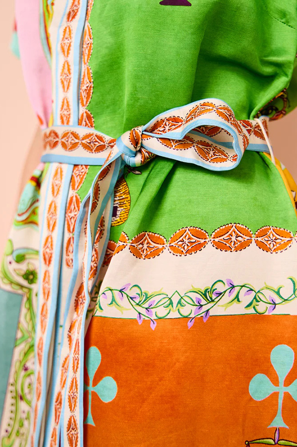 Kiana Linen Blend Unique Print Short Sleeved Tie Waist Shirt Maxi Dress-consonak