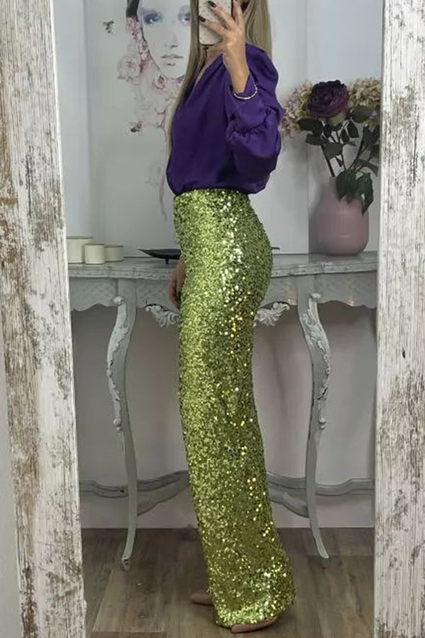 Glitzy Glamour Sequin High Rise Elastic Waist Wide Leg Pants | Consonak