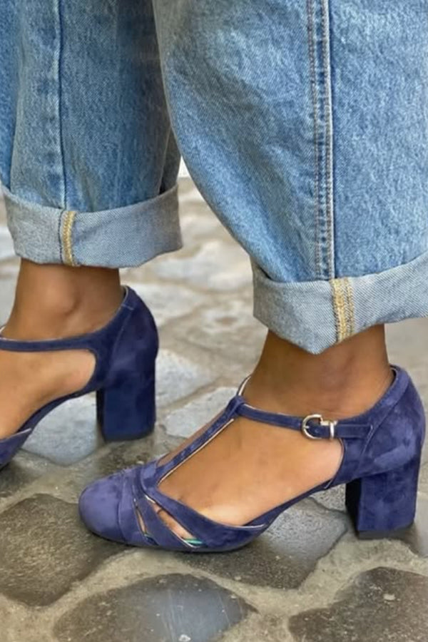 Color-blocked Faux Suede Chunky Heel Sandals-Consonak