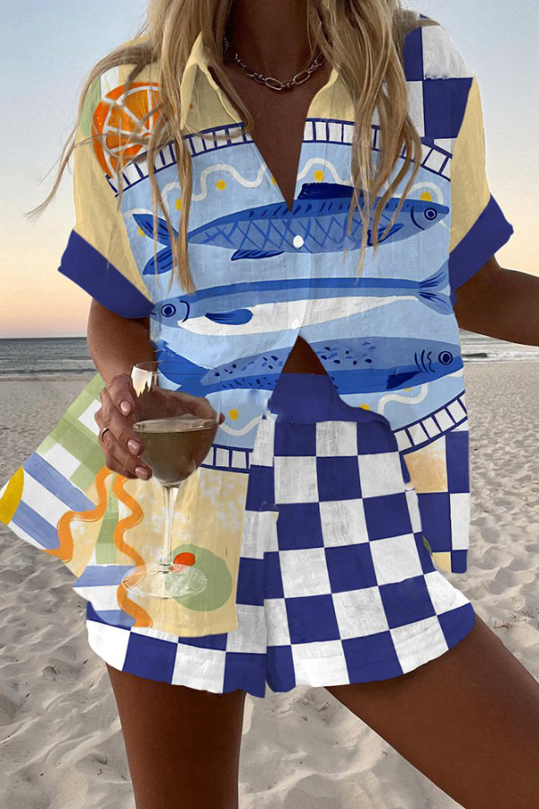 Fish Print Loose Button Elastic Waist Shorts Set