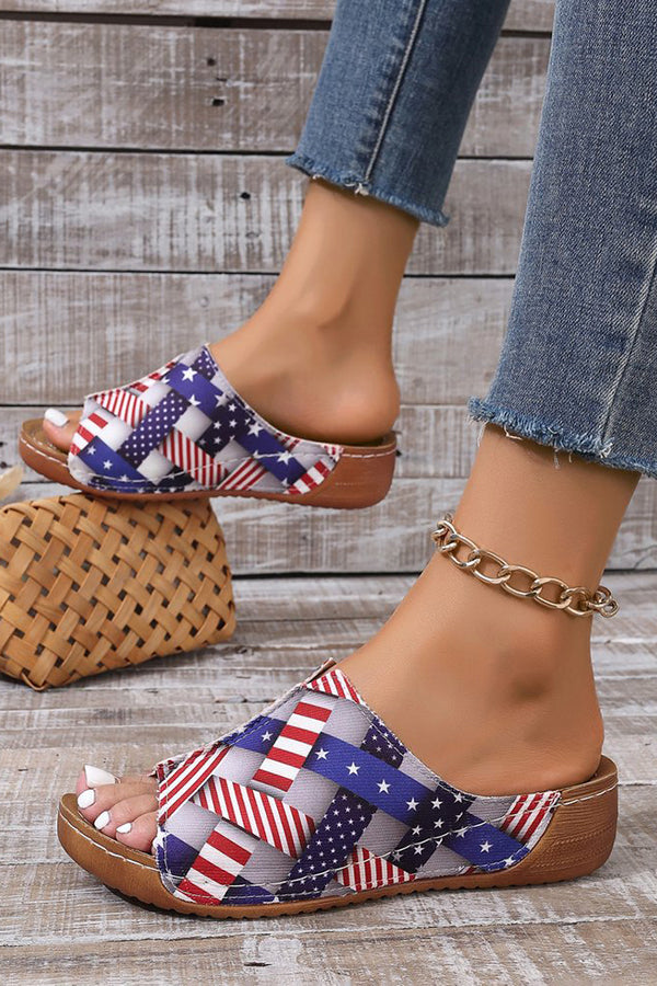 Independence Day Stars and Stripes Wedge Heel Peep Toe Slides-consonak