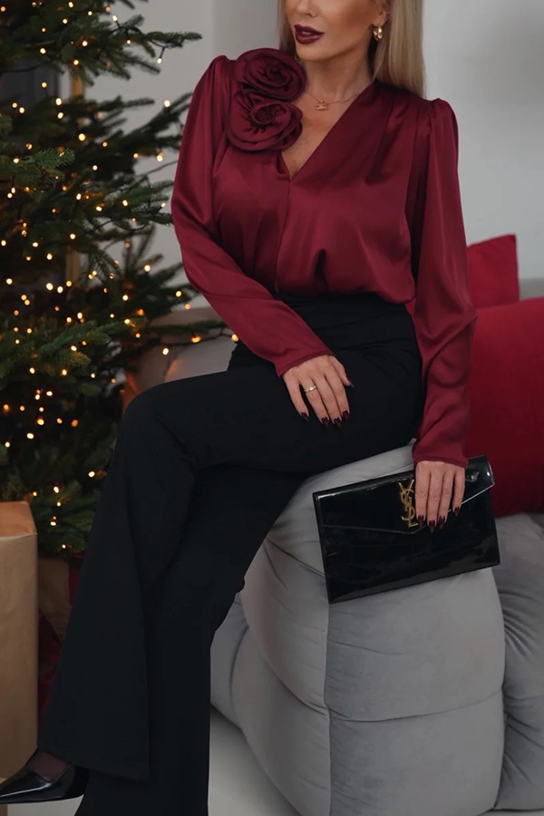 Unique and Romantic Satin Rose Detail Pleated Loose Blouse-consonak