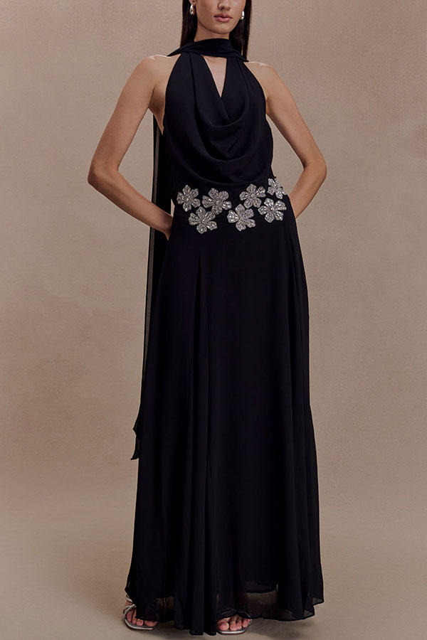 Santal Chiffon Detachable Halter Cowl Neck Scarf Floral Diamante Trims Maxi Dress-consonak