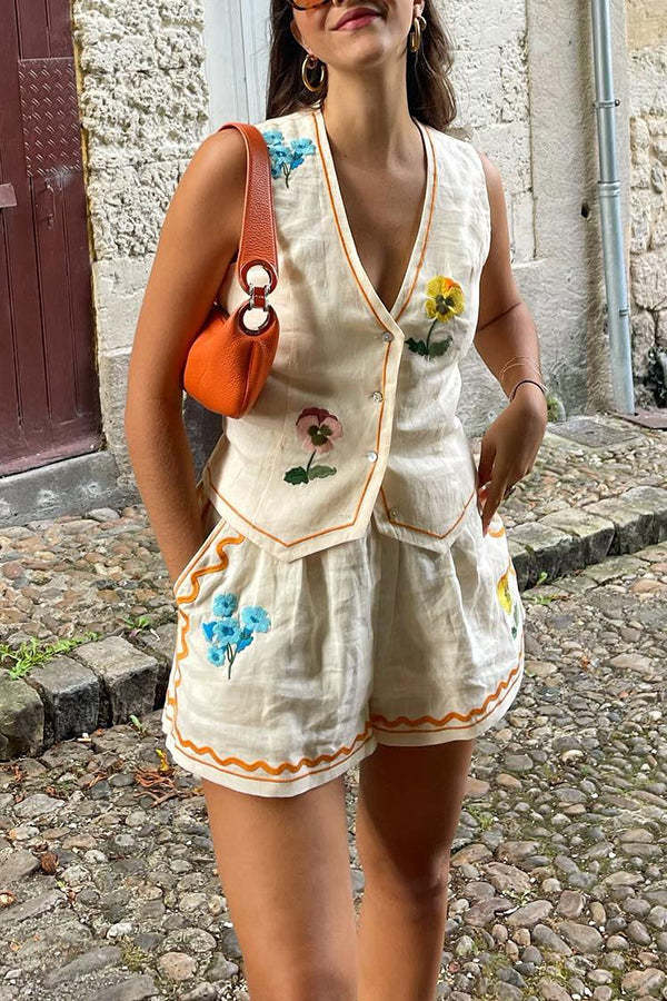 Summer Flower Printed Linen Blend Button Vest and Elastic Waist Pocketed Shorts Set-consonak