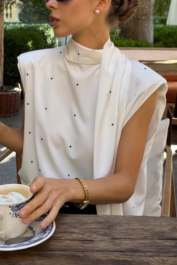 Polka Dot Print Open Backless Stand Collar Sleeveless Ribbon Top | Consonak