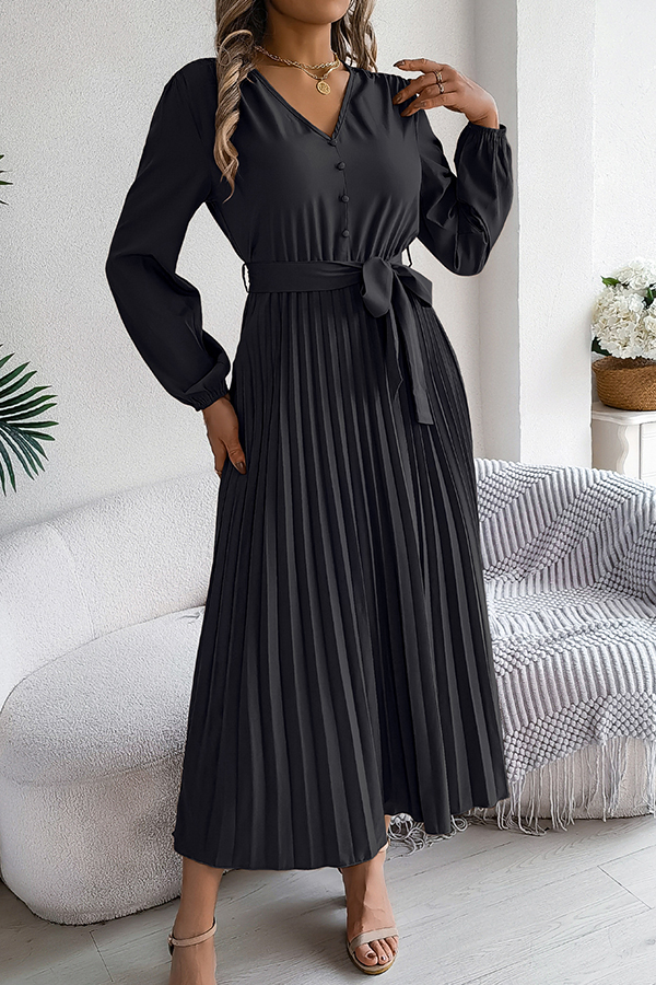 Solid Color Elegant V-neck Buttoned Lace-up Pleated Maxi Dress-consonak