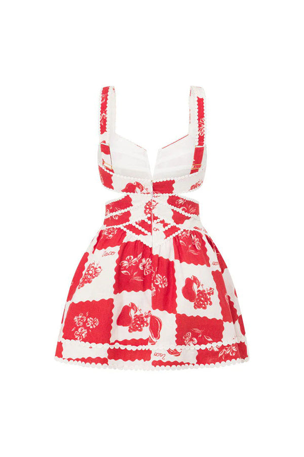 Lucia Linen Blend Ric Rac Trims Unique Print Cutout Pocketed Mini Dress | Consonak