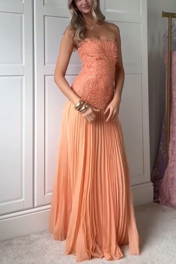 Sun Drifter Abstract Embroidery Cutwork Pleated Chiffon Hem Bandeau Maxi Dress