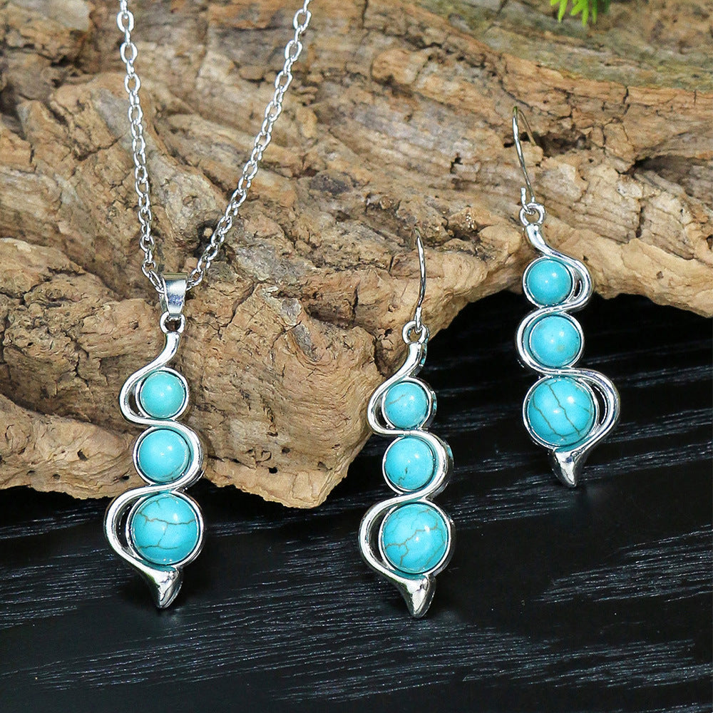 Vintage Court Ethnic Geometric Carved Turquoise Diamond Earrings Necklace Set | Consonak