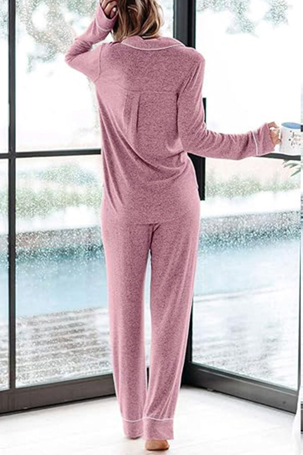 Home-style Loose-fitting Long-sleeved Pocket Shirt and Elastic Waist Casual Pants Set-consonak