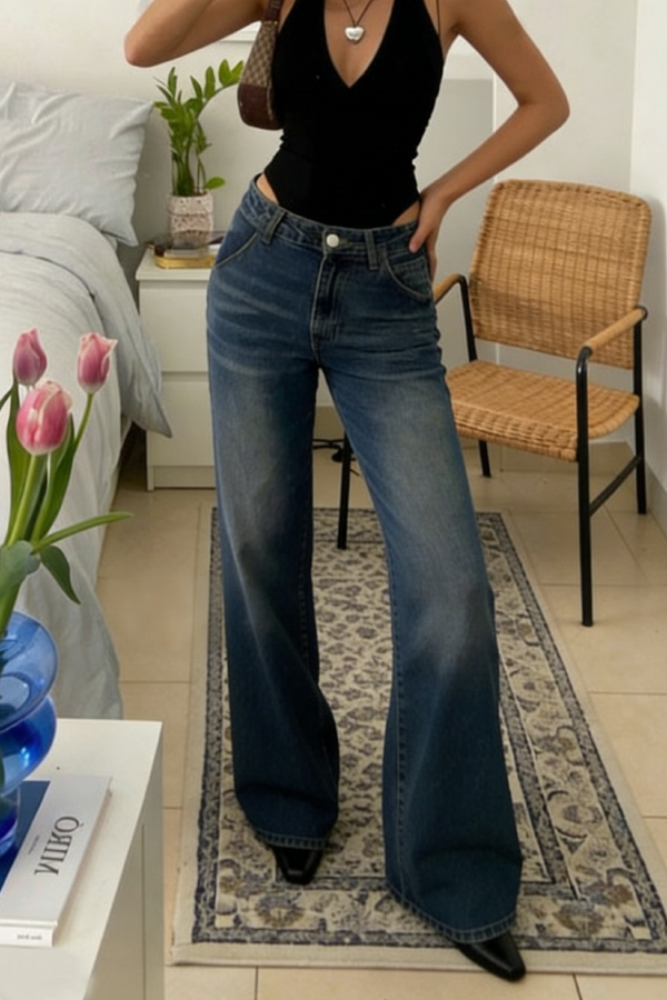 Stylish Pocket Casual Straight Wide Leg Women's Jeans-consonak