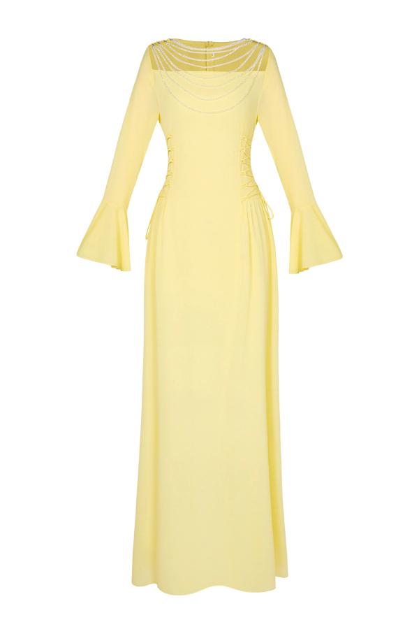 Fashionable Beaded Long-sleeved Square-neck Fitted Waist Tie Maxi Dress-consonak