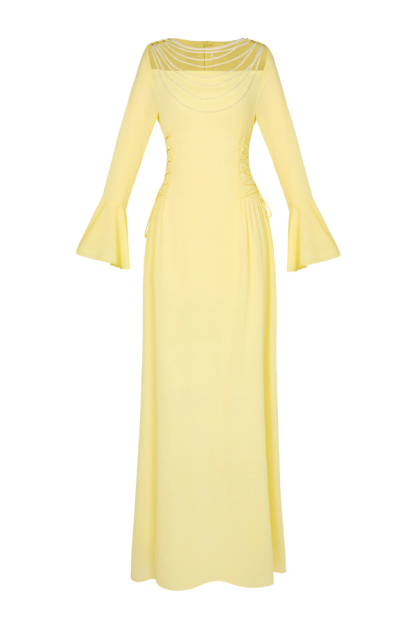 Fashionable Beaded Long-sleeved Square-neck Fitted Waist Tie Maxi Dress-consonak