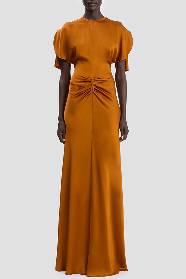 Isabella Satin Short Sleeve Ruched Waist V-shape Back Gown Maxi Dress-consonak