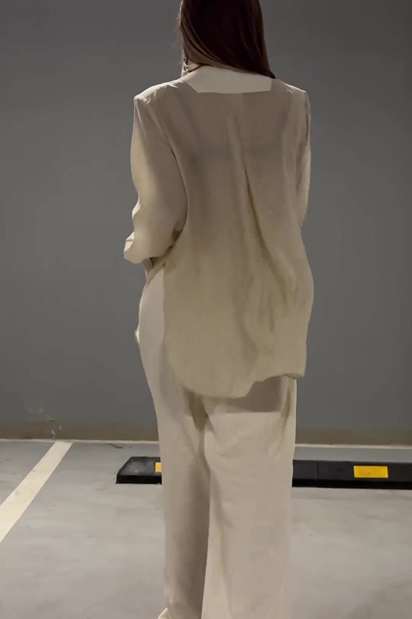 Chic and Elegant Chiffon Patchwork Irregular Lace-up Jacket and Pocketed Straight-leg Pants Set-consonak