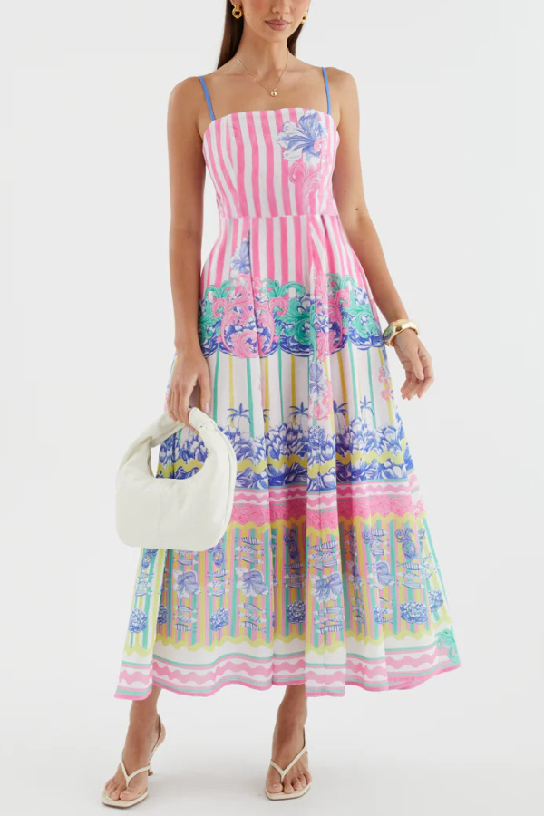 Unique Print Spaghetti Strap Square Neck Fitted Waist Elegant Maxi Dress