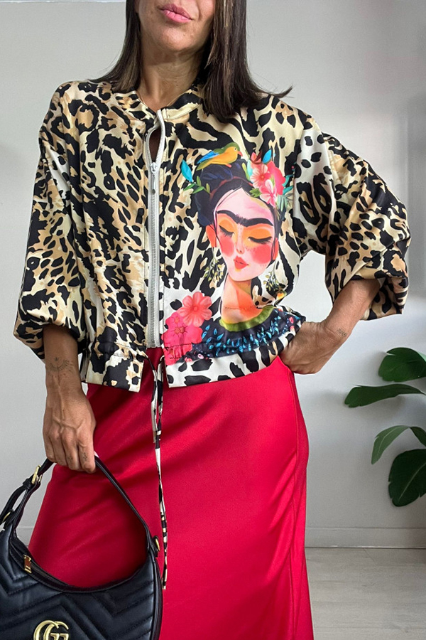 Shiloh Leopard Unique Print Zipper Drawstring Hem Bomber Jacket-consonak